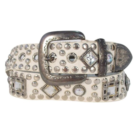 SAND CASTLE Vintage Studded and Crystal Ivory Leather Belt Women's M (30"-34") - Picture 1 of 8